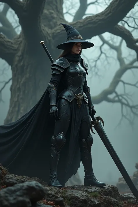  dark fantasy ,   woman ,  girl  , in lats , чёрная armor, pointed hat, tree, longsword  , Two-handed sword, armor, lats ,