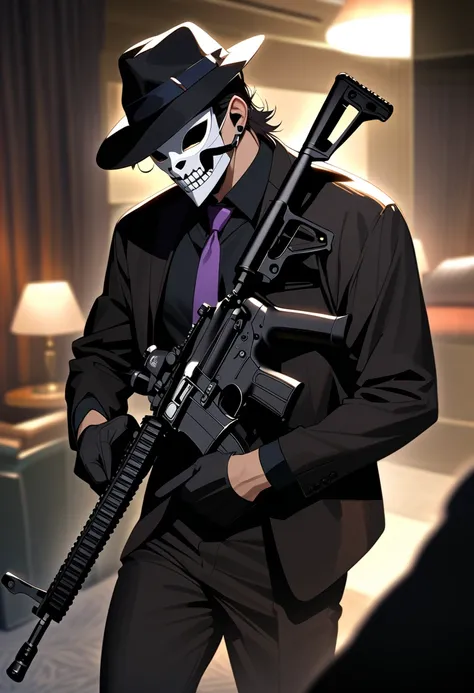 masterpiece, best quality, amazing quality, very aesthetic, absurdres, solo, 1man, male, black hair, slicked back, earpiece, burly, black gloves, black suit, black shirt, purple tie, fedora hat, fair skin, faceless, greek tragedy mask, greek god mask, full...