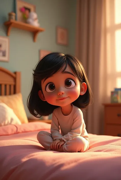 Black-haired girl sitting on her bed in the morning Pixar style