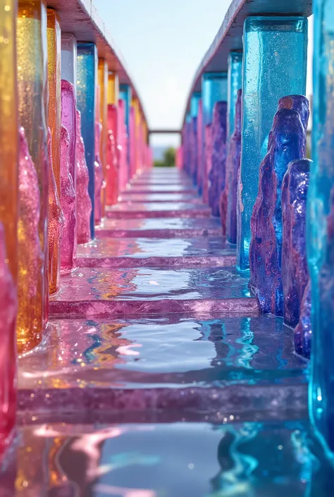 digital art, splash art, close-up shot photo, a bridge made, bricks made from transparent glass, rainbow colors bricks, shining bricks, glistening light bricks, vibrant lighting, high-key lighting