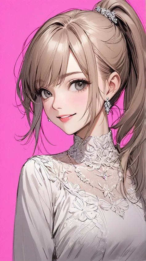 Realistic ,sketch , One Woman,happy and smile face,light black eyes, Light brown ponytail Hair,luxurly diamond jewelry, textured trim (masterpiece, best quality),only neon vivid pink background ，Rough sketch like a pencil drawing，From the chest up， Long Sl...