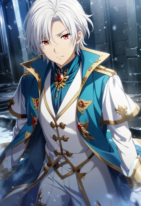 1boy, short hair, white hair, silver eyelashes, red eyes, prince clothes, cold glaze, cg