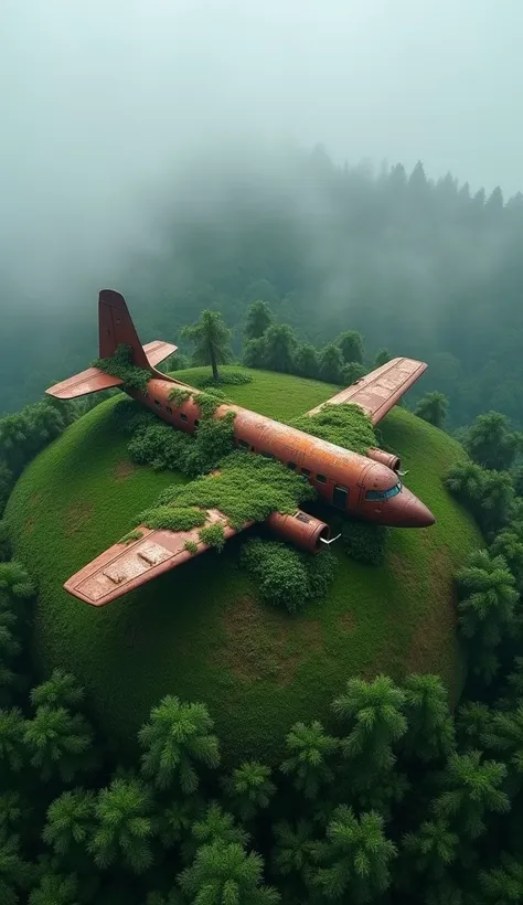 Aerial view of a rusty plane covered with vegetation on a green, wooded hill, surrounded by fog