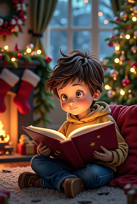 Boy reading a Christmas story with a Christmas atmosphere
