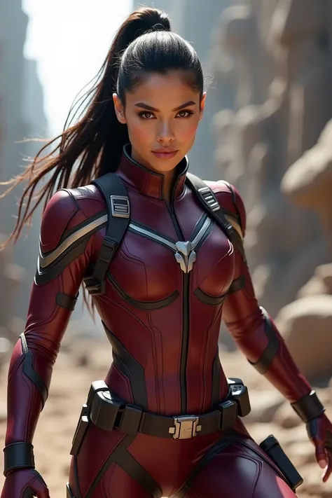 32 girl with ponytail balck hair.maroon suit.avengers member.have gun.