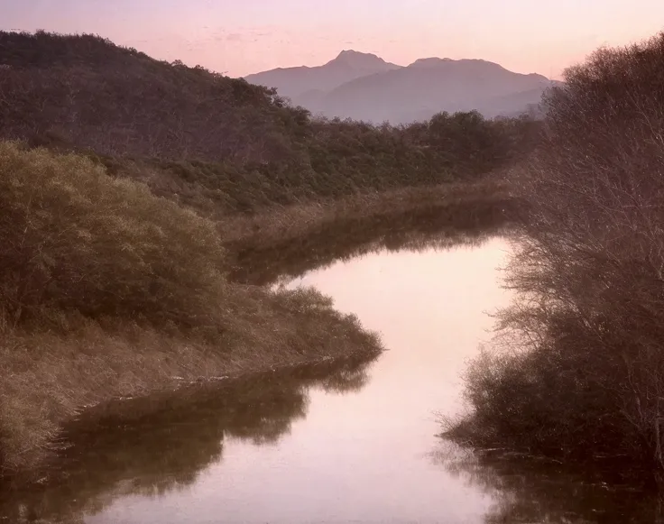 scenery, no_humans, outdoors, sky, grass, cloud, mountain, nature, tree, reflection, landscape, water, purple_sky, lake, sunset, gradient_sky, river
