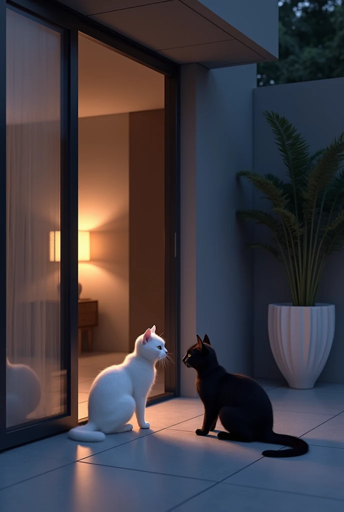 The white cat lets the tall black cat into the modern house at night 