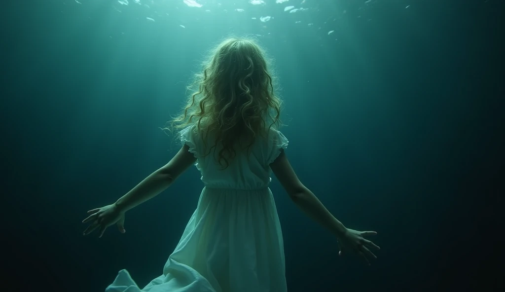 dark atmosphere image of an  blonde girl, with curly hair, wearing a white dress tries to escape from the bottom of the sea