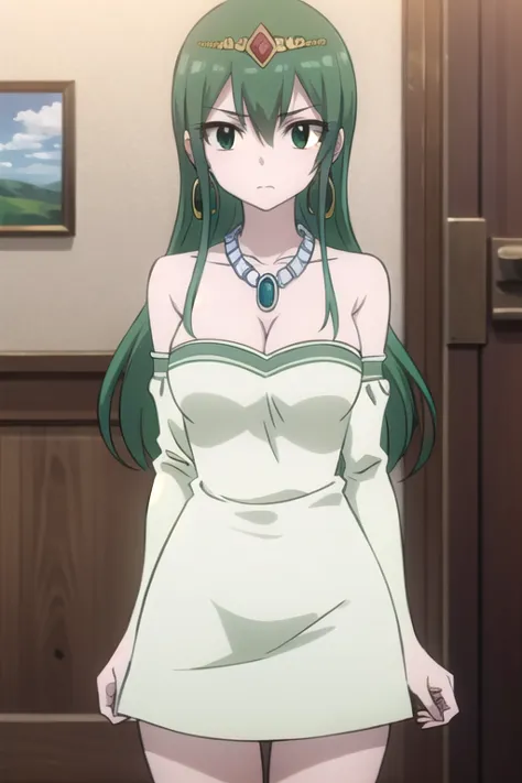 hisui, hisui, long hair, (green eyes:1.5), green hair, hair between eyes,
break dress, cleavage, bare shoulders, jewelry, earrin...