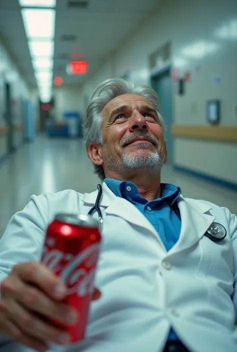  close up of a doctor in a white coat who is on his back holding a Coca-Cola or any soft drink, And in the background some corridor of a hospital .