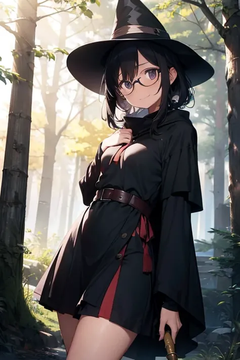  female 。 Im wearing a relaxed atmosphere 、 I have a slightly strict expression 。
My bust is small。
 my hair is jet black 、The length is short 、 I have smooth hair 。 wearing a big black wizard hat。
 wearing rimless glasses 。 odd-eye。
Smile、 knee-length dre...