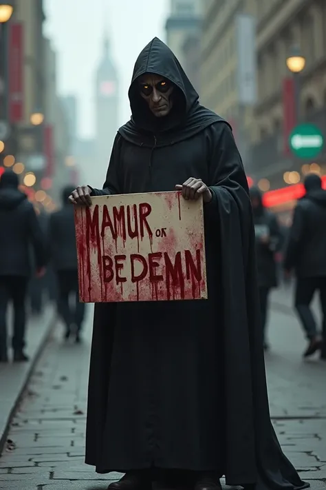  is a man with strange features wearing a black cloak on a public street making a white sign with some blood written in it ( Muhammad is a little confused. )  is not clear. 