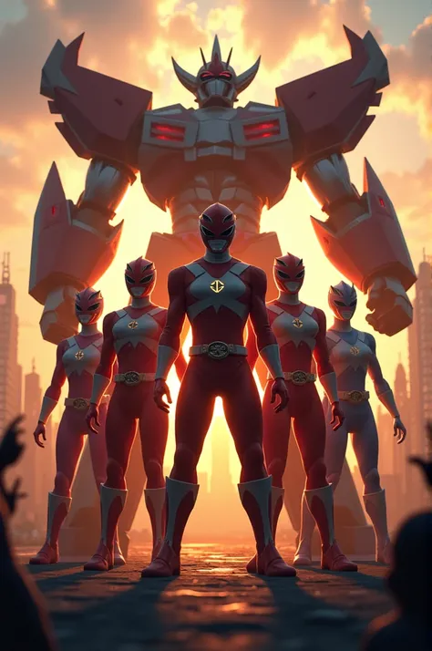 The Power Rangers standing triumphantly in front of their Megazord, with the sun rising behind them, symbolizing victory. The city around them is damaged but peaceful, with people cheering and waving in gratitude. The Rangers pose heroically, their costume...