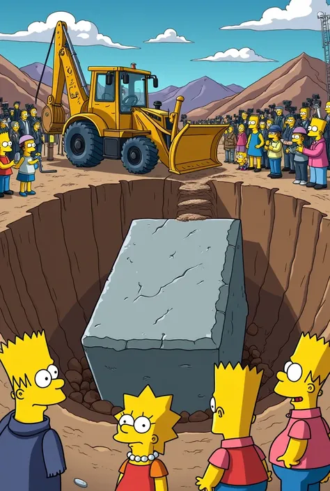 Generate a Simpson cartoon image with sarcastic portraying of a bulldozer is excavating a big  granite block in a hole  with the presence of mass media