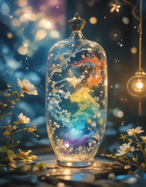  Glass Jar Closeup , The rainbow in the pot , , Colorful clouds, ,  glass reflection ,  Curved Surface Distorted , Background starry sky, contrast, depth, magic,  Ethereal Light ,  super detailed, Dark background,  is as beautiful as heaven, Macro Photogra...