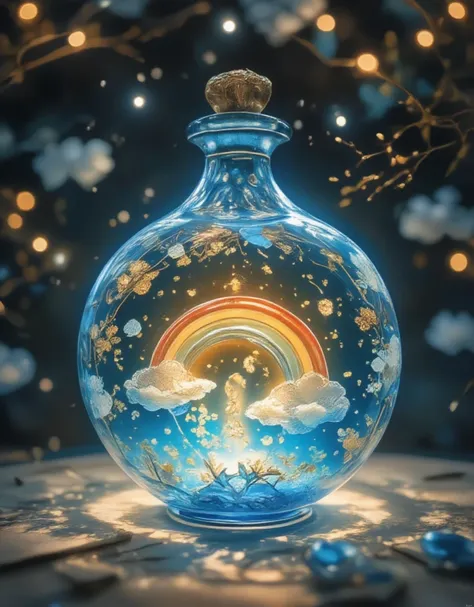  Glass Jar Closeup , The rainbow in the pot , , Colorful clouds, ,  glass reflection ,  Curved Surface Distorted , Background starry sky, contrast, depth, magic,  Ethereal Light ,  super detailed, Dark background,  is as beautiful as heaven, Macro Photogra...