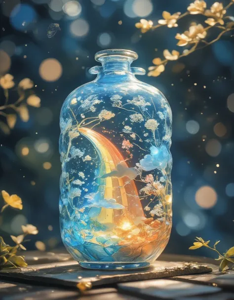  Glass Jar Closeup , The rainbow in the pot , , Colorful clouds, ,  glass reflection ,  Curved Surface Distorted , Background starry sky, contrast, depth, magic,  Ethereal Light ,  super detailed, Dark background,  is as beautiful as heaven, Macro Photogra...