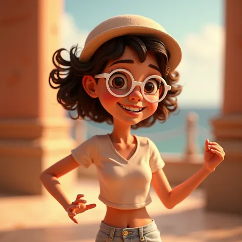 Pixar style image with 3D character white glasses brunette woman short curly hair dancing, Maquiagem Disney,Pescador, bonitinho, sorridente ,Close-up, Pixar, Disney, Cinema lighting,