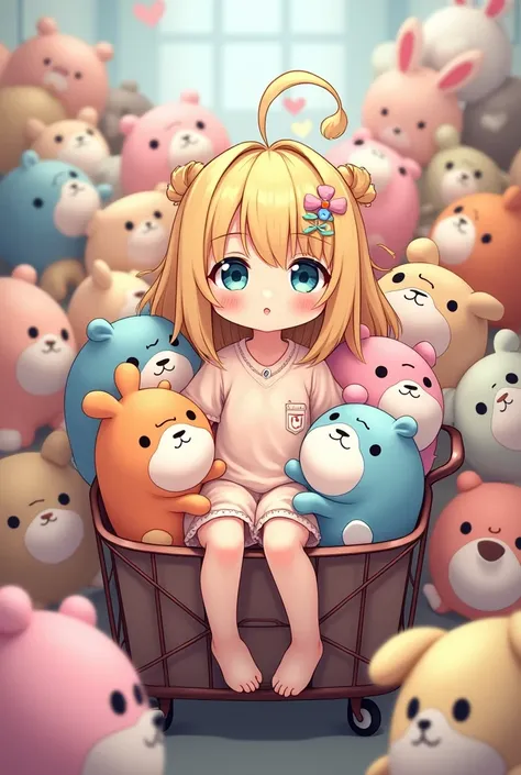 A blonde anime girl with blue eyes and cutesy looks sitting in a shopping cart full of plushies