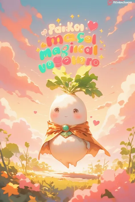 Design an adorable anime-style poster starring a "super cute DAIKON character" that enchants viewers with its playful personality. This Japanese white radish boasts large, sparkling eyes and rosy cheeks, surrounded by vibrant green leaves that double as a ...