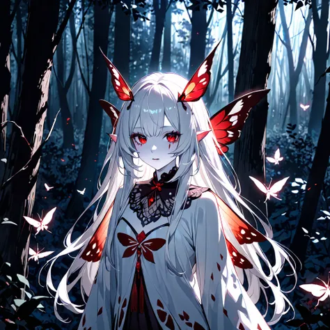 Beautiful moth girl with long white hair,  white skin, And red eyes, In the woods with cinematic lighting, It&#39;s dark and there&#39;s little light. She is wearing a golden white dress, Her eyes were focused,  stares at viewers. Her skin is white, Her fa...