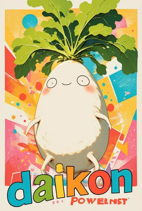 Craft a bold pop art-inspired poster featuring a "super cute DAIKON character" that jumps off the page with vibrant colors and graphic designs. This Japanese white radish has a distinctly playful, cartoonish appearance, with exaggerated features such as ov...