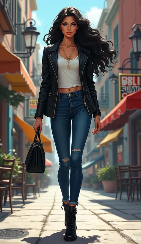 Create an illustration of Daphné, a striking young woman around 25 years old, walking confidently down a bustling city street. She has long, black, luxurious curly hair that cascades down her back, framing her very pale skin and captivating sapphire blue e...