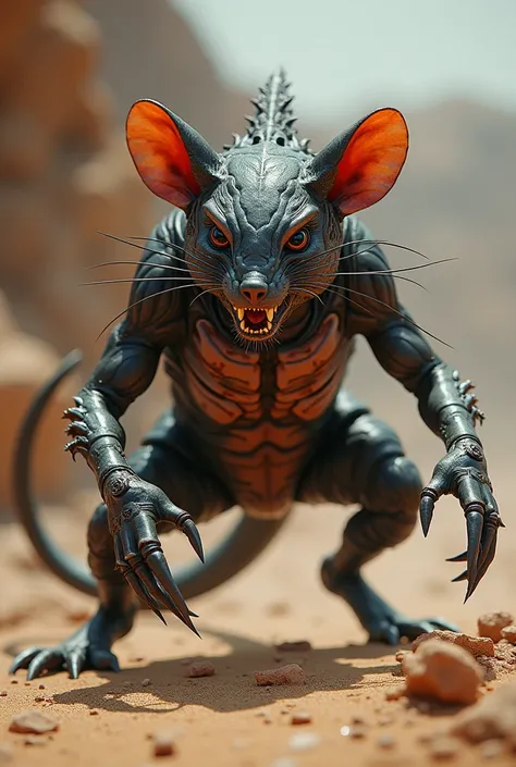 "Create an ultra-realistic image of a hybrid creature that is a fusion of a scorpion and a rat, combining the most striking features of both into a single, fierce entity. The creature should have the body structure of a rat, covered in sleek fur, but with ...