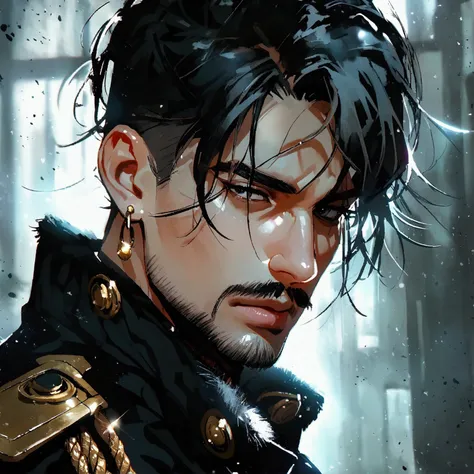 man ,  white black eyes and medium black hair with shiny earrings , gold cord , military cold clothing  , mustache and goatee 