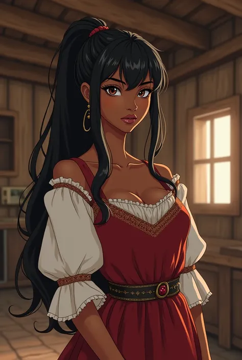  Black woman with long hair tied in a ponytail with a fringe on her forehead.  The woman has defined firm round breasts .  The woman is wearing a medieval peasant dress . Anime version image Seinen . The setting is a rustic cabin .