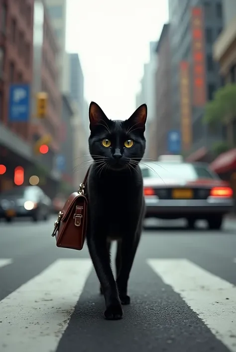 Male black cat is crossing the street carrying a bag and in the background you can see a very fast car 