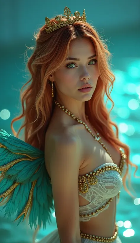  A pretty girl , with green eyes ,  long blond red hair ,  charged makeup , defined contour  ,  highlighter ,   small waist  ,  big ass ,  dressed in a light blue top  , light blue miniskirt  , light blue gloves  , sky blue boots ,  turquoise wings with go...