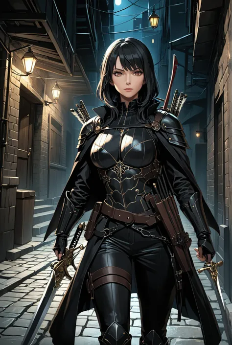 ((anime)), mature woman, assassin, black hair, black leather armor, black boot, with crossbow and longsword on the back, dark alley background, ultra detailed, high resolution