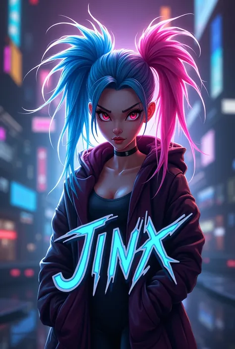 gaming channel logo with Jinx from league of legends on a futuristic decent font style with cyberpunk blurred background
