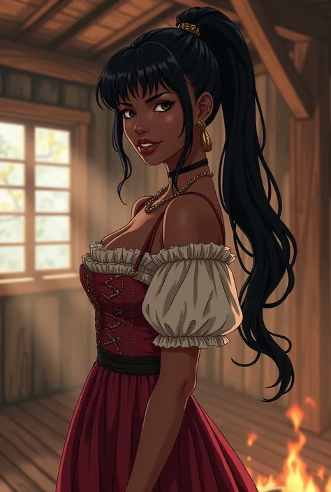  Black woman with long hair tied in a ponytail with a fringe on her forehead.  The woman has defined firm round breasts .  The woman is wearing a medieval peasant dress . Anime version image Seinen . The setting is a rustic cabin .