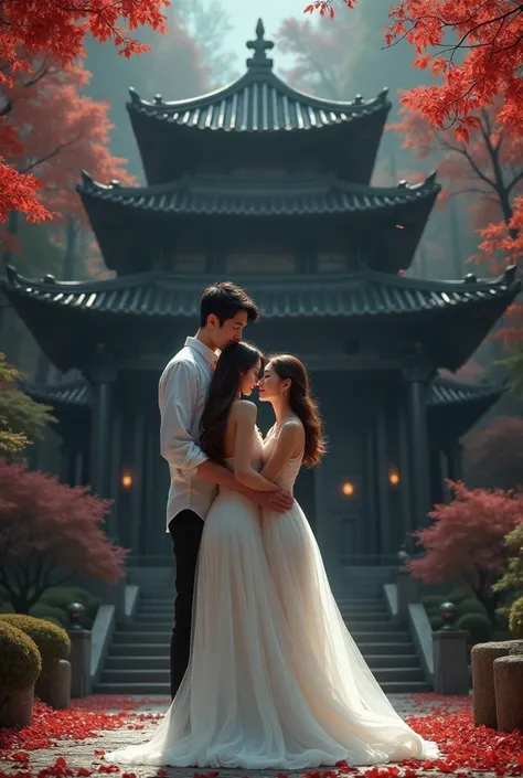 Korean men, teenagers, tanned, handsome, tall, brown hair, brown eyes, discreet handsome, wearing white shirts, hugging, Korean teenage women, tall men, handsome, brown eyes, long brown hair, wearing white dresses. The background is a huge mansion built of...