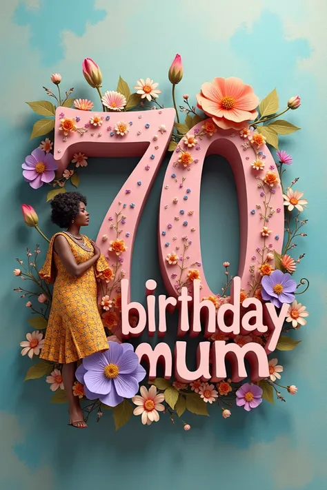 an artistic impression featuring a vibrant, curly 3D text "HAPPY" "BIRTHDAY " "MUM" "@ 70" in a soft, blended splash of watercolor, with hues of cerulean, amber, and mint, splattered across a textured, uneven background, evoking a sense of dynamic movement...