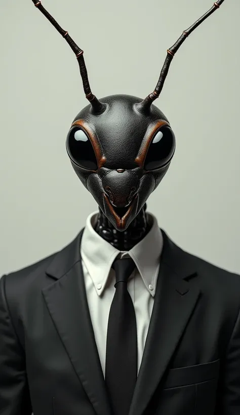 A front shot of a man dressed in a suit and with an ants head realistic image