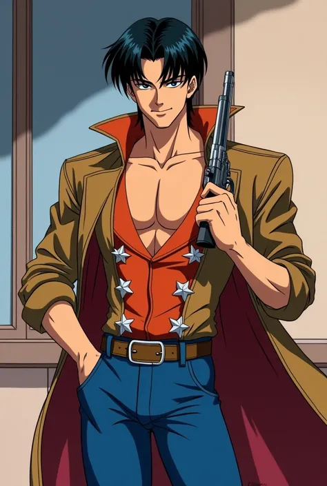 darien..( Tuxedo mask anime )..a man with a strong body ,  short black hair split in half with locks that fall over her blue eyes, light skin, dressed as a cowboy ,  light brown boots with his star spurs ,  khaki leather vest showing his marked pectorals ,...