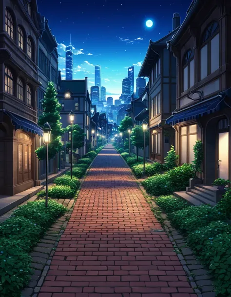  panoramic view of a night city street with a brick path, anime background art, сеул anime scene ,  hd anime cityscape , anime background , anime scene ry, anime scene ry concept art, beautiful anime scene , beautiful anime scene ry,  anime movie backgroun...