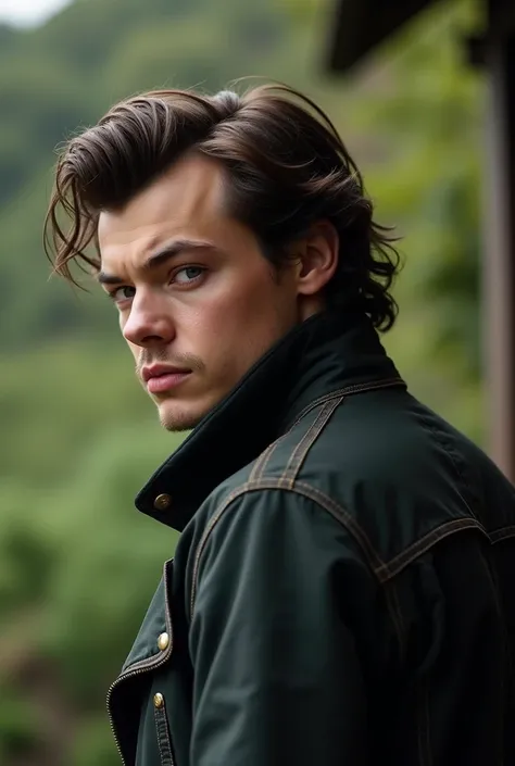 Harry Styles wearing a jacket but not facing the camera. Make it like a real picture