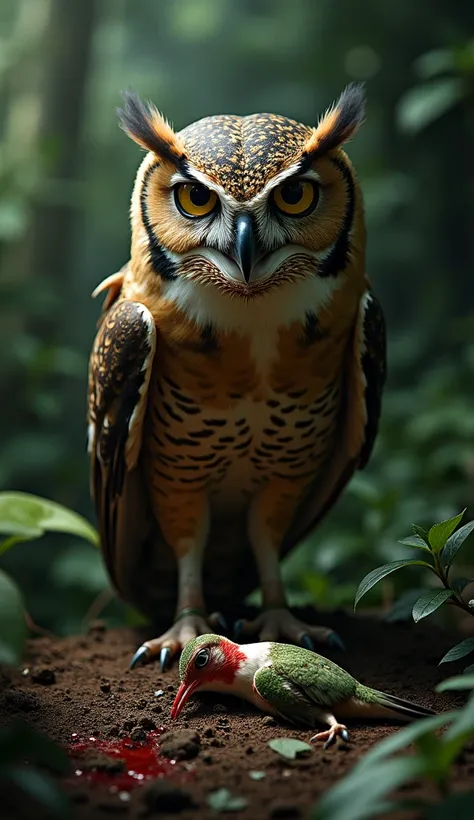 A dramatic scene in the rainforest. A powerful, round-faced owl with a fierce expression stands over a Hummingbird, its talons slightly stained with blood. The owl appears dominant, with fierce eyes and an aura of power. The wounded Hummingbird lies on its...