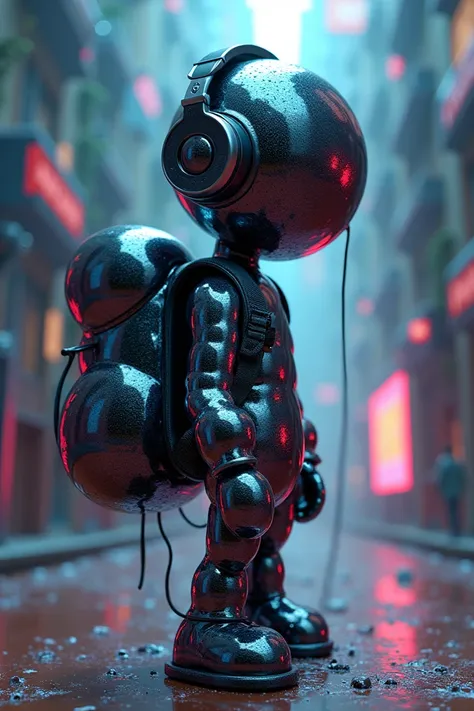 A trippy picture with surreal qualities but the main focus is of a short humanoid made of reflective, dark colored  bubbles and is wearing headphones and wears a backpack