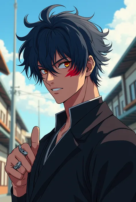 Masculine anime boy in school with dark blue hair, and a big red scar on the cheek, with messy hair, midday, sun painted sky, Black Japanese school uniform, A silver ring on his hand, masculine, Jujutsu kaisen uniform