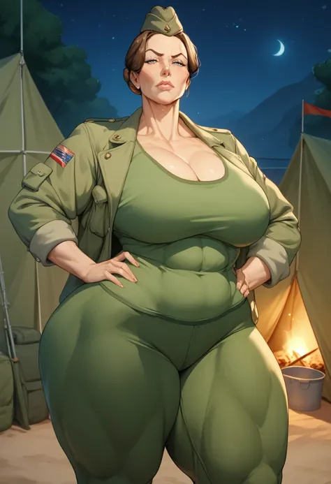 Female,milf,mature,gigantic boobs,gigantic ass,hair bun,brown hair,muscle woman,camoflage pants,small jacket,outside of army tent,front view,garrison cap,disappointed face,green tank,night,hand on hips,