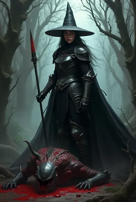   dark fantasy  ,  girl  , in lats  , чёрная armor, pointed hat, tree, armor, lats  , knight, monster slayer, scary monster,   dead monster  , killed monster  ,   spear in monster, black beast  ,   severed beast head,  Realistic, Lots of blood, Beautiful a...