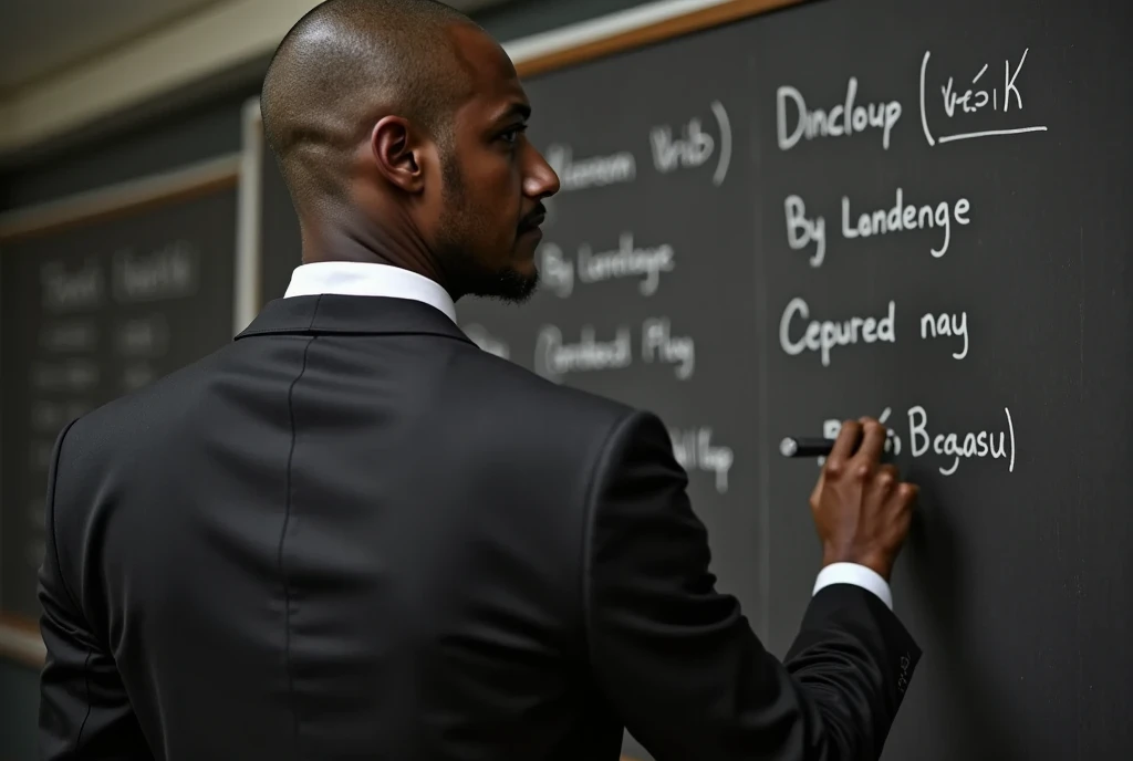 a handsome black man with shaved hair , teacher writing with chalk on the blackboard , are writing on a blackboard " Verb is a grammatical class that expresses actions ,  States ,  natural phenomena or other facts , localizando-os no time.  Verbs flex in p...