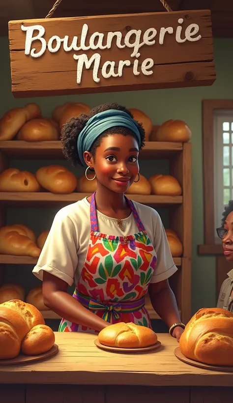 Un petit local simple mais propre, avec une enseigne en bois sur laquelle est écrit « Boulangerie Marie » à la peinture blanche. Marie la jeune camerounaise , maintenant plus âgée et vêtue dun pagne coloré, accueille les premiers clients avec un sourire ra...