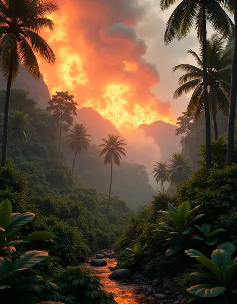 "A lush tropical forest with thick trees and vibrant plants, partially consumed by an intense wildfire. The flames spread in the background, with smoke rising into the sky. The scene feels dramatic and tense, with the sound of nature disrupted. Create a 3D...