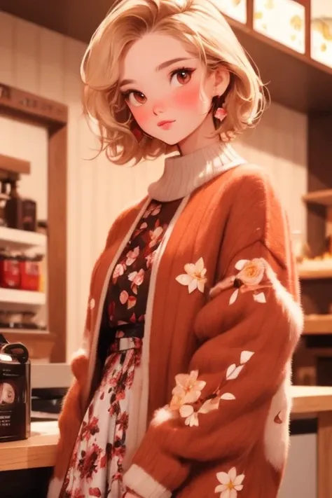   Best Quality ,  brown eyes ,Women, blonde,  short straight hair , devil，Floral dress， chaqueta de plumas，I want to drink coffee from the store the night of the festival， sarcasm ，